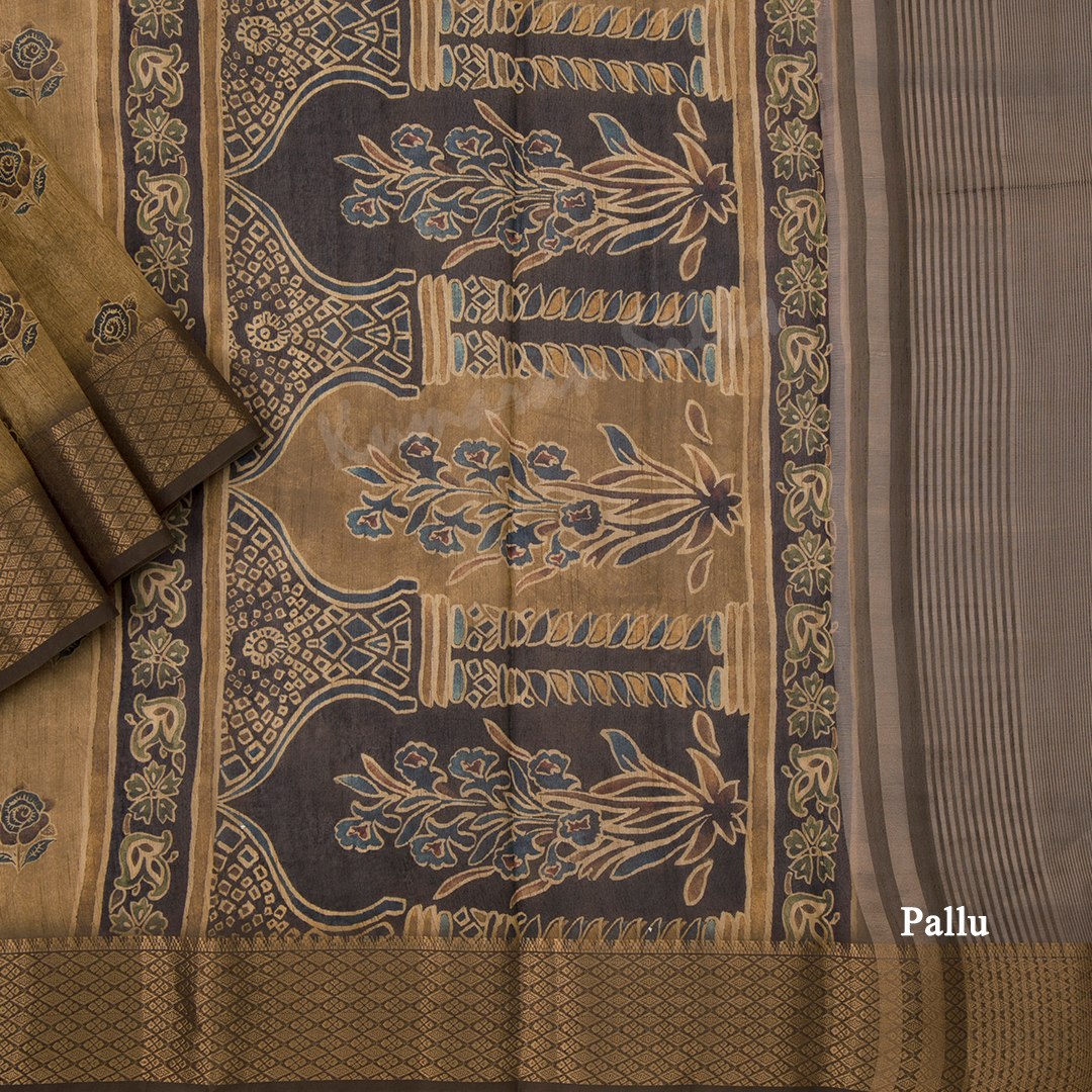 Semi Raw Silk Golden Brown Printed Saree With Zari Border