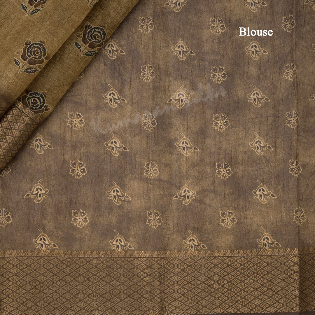 Semi Raw Silk Golden Brown Printed Saree With Zari Border