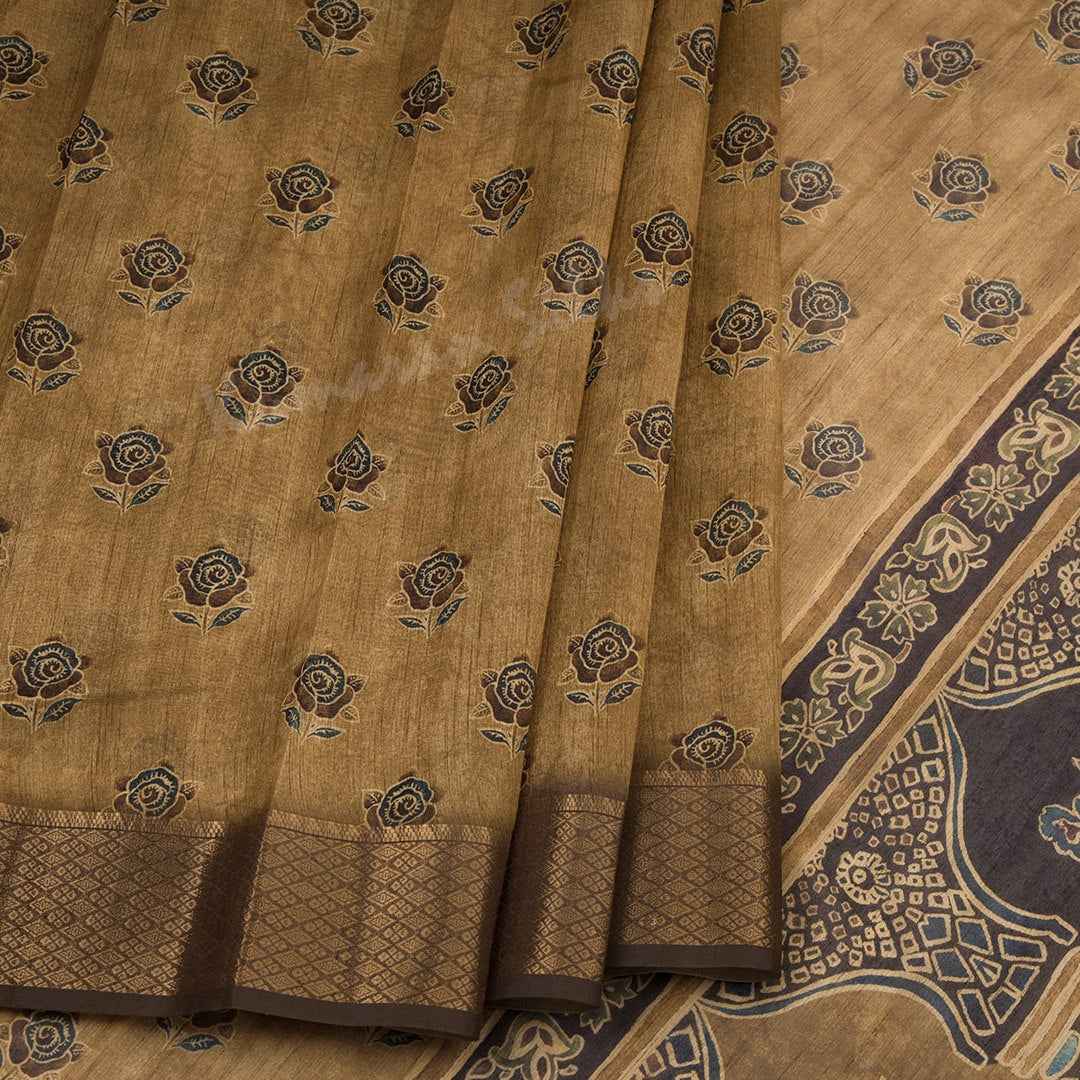 Semi Raw Silk Golden Brown Printed Saree With Zari Border