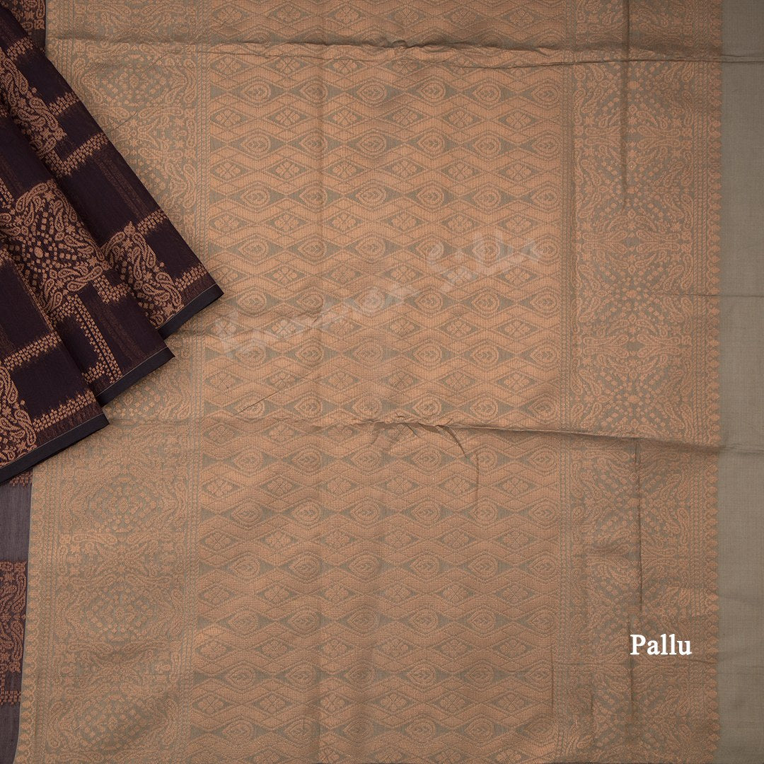 Silk Cotton Dark Brown Zari Worked Borderless Saree