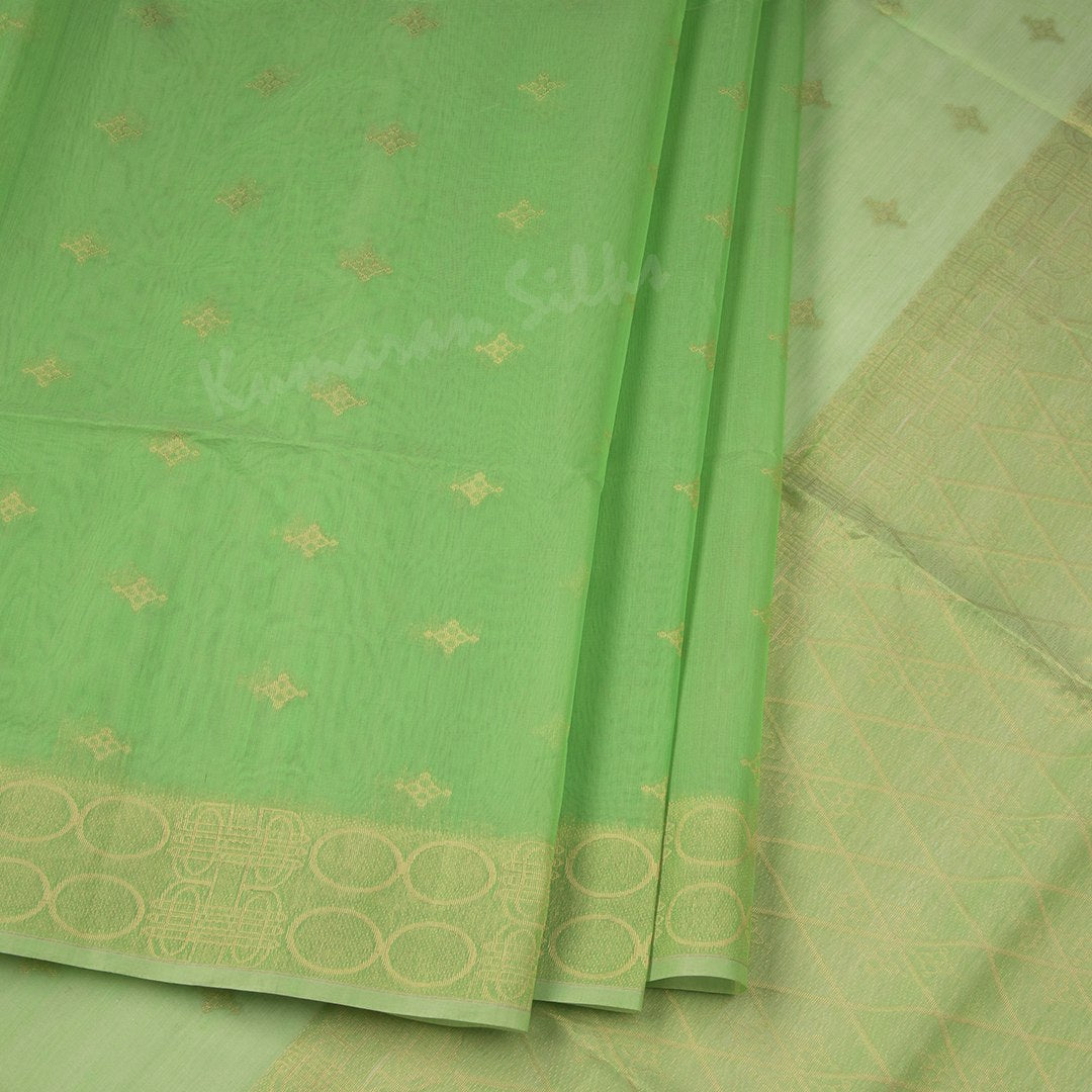 Silk Cotton Parrot Green Saree With Zari Buttas