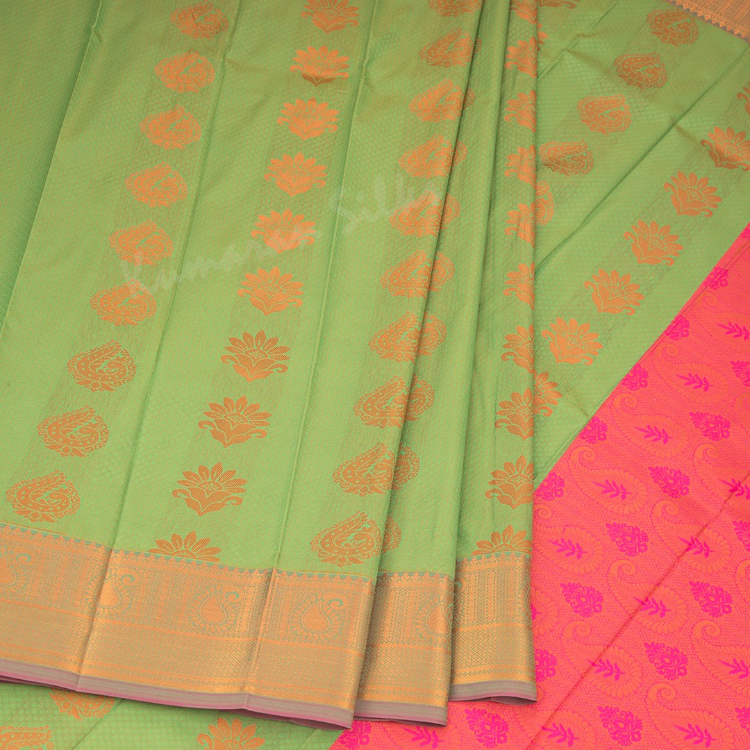 Art Silk Light Green Saree With Embossed Design And Zari Buttas