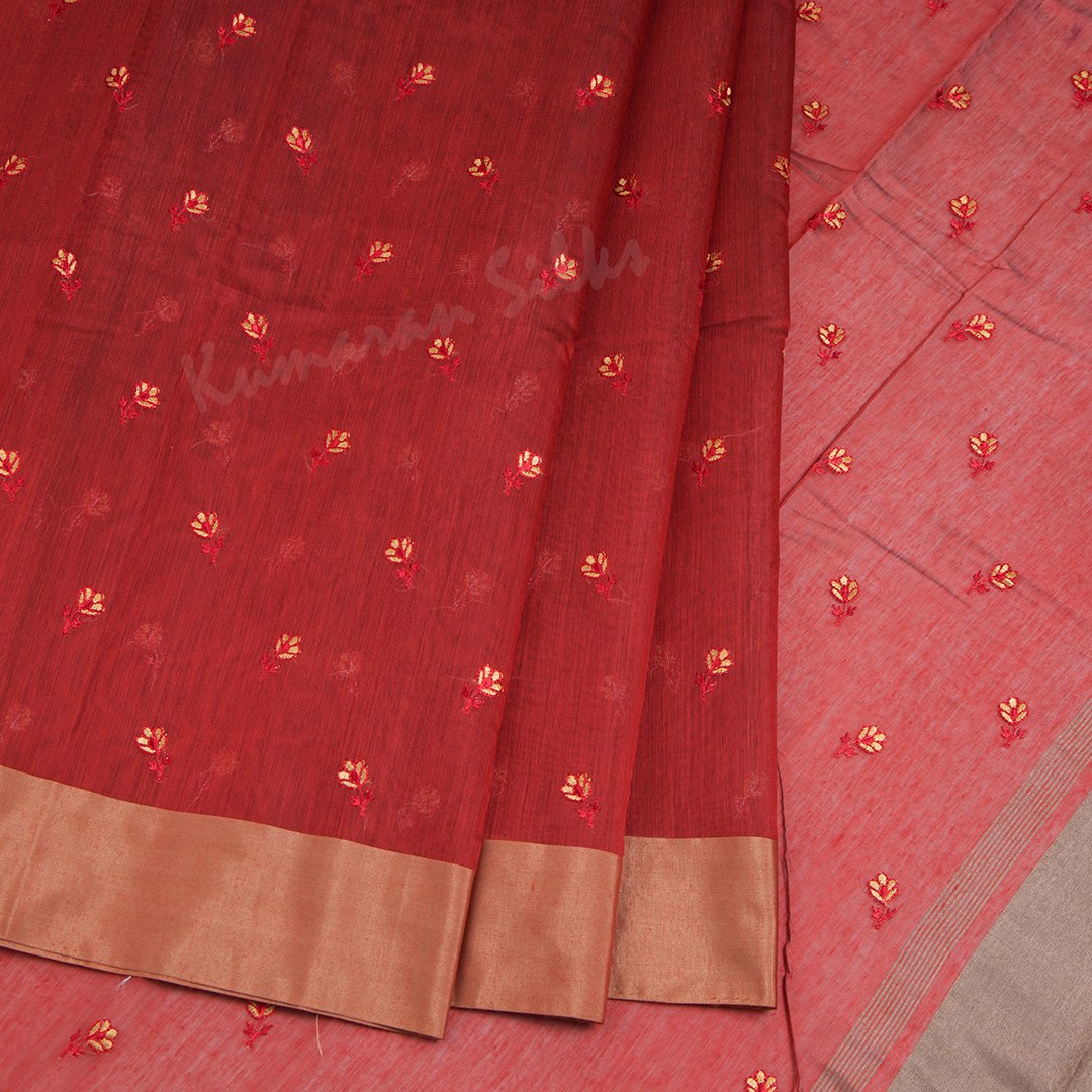 Semi Raw Silk Maroon Thread embroidered Saree