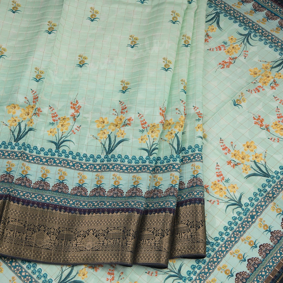 Semi Raw Silk Mint Green Checked Floral Printed Saree