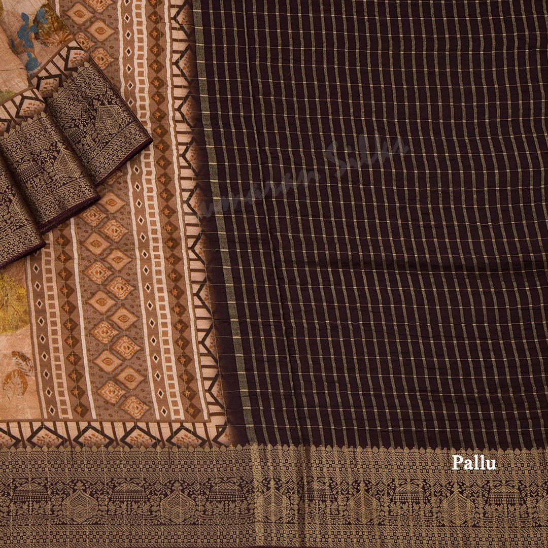 Semi Raw Silk Light Brown Checked Leaf Printed Saree