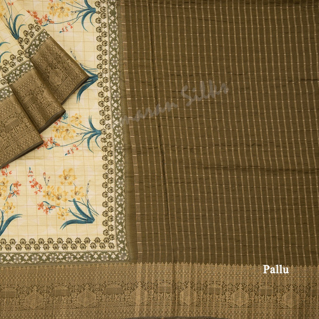 Semi Raw Silk Light Yellow Checked Floral Printed Saree