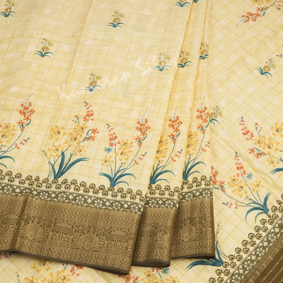 Semi Raw Silk Light Yellow Checked Floral Printed Saree