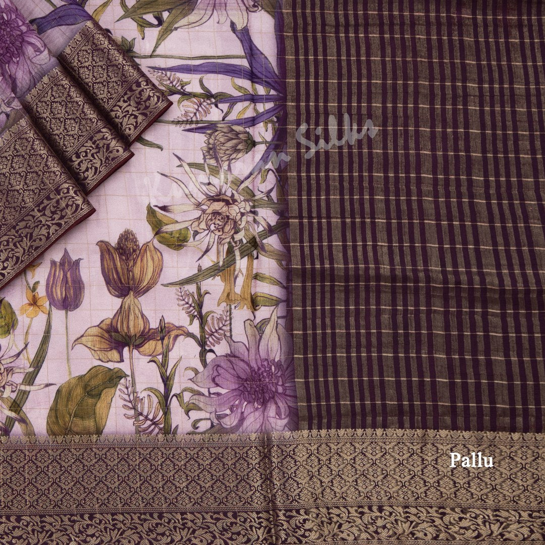 Semi Raw Silk Light Purple Checked Floral Printed Saree