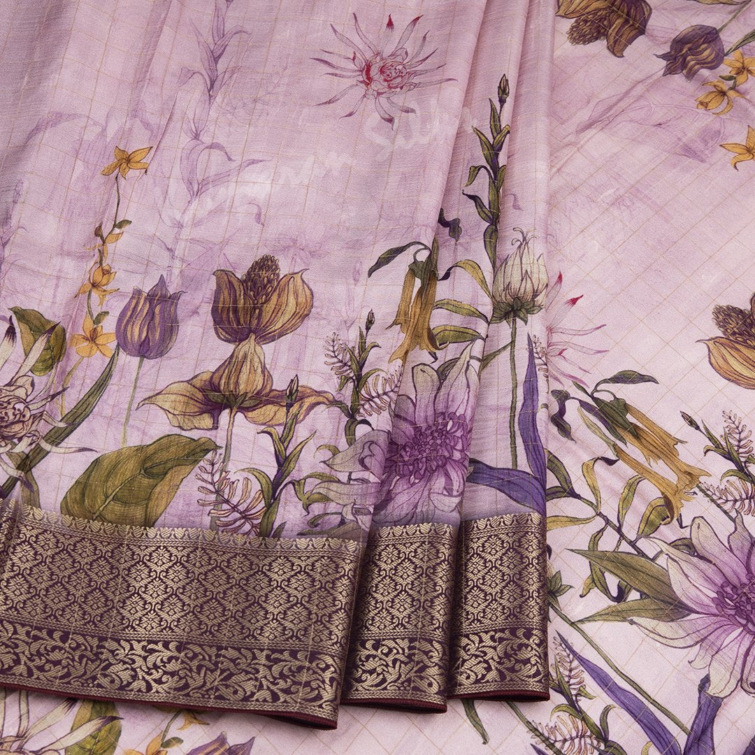 Semi Raw Silk Light Purple Checked Floral Printed Saree