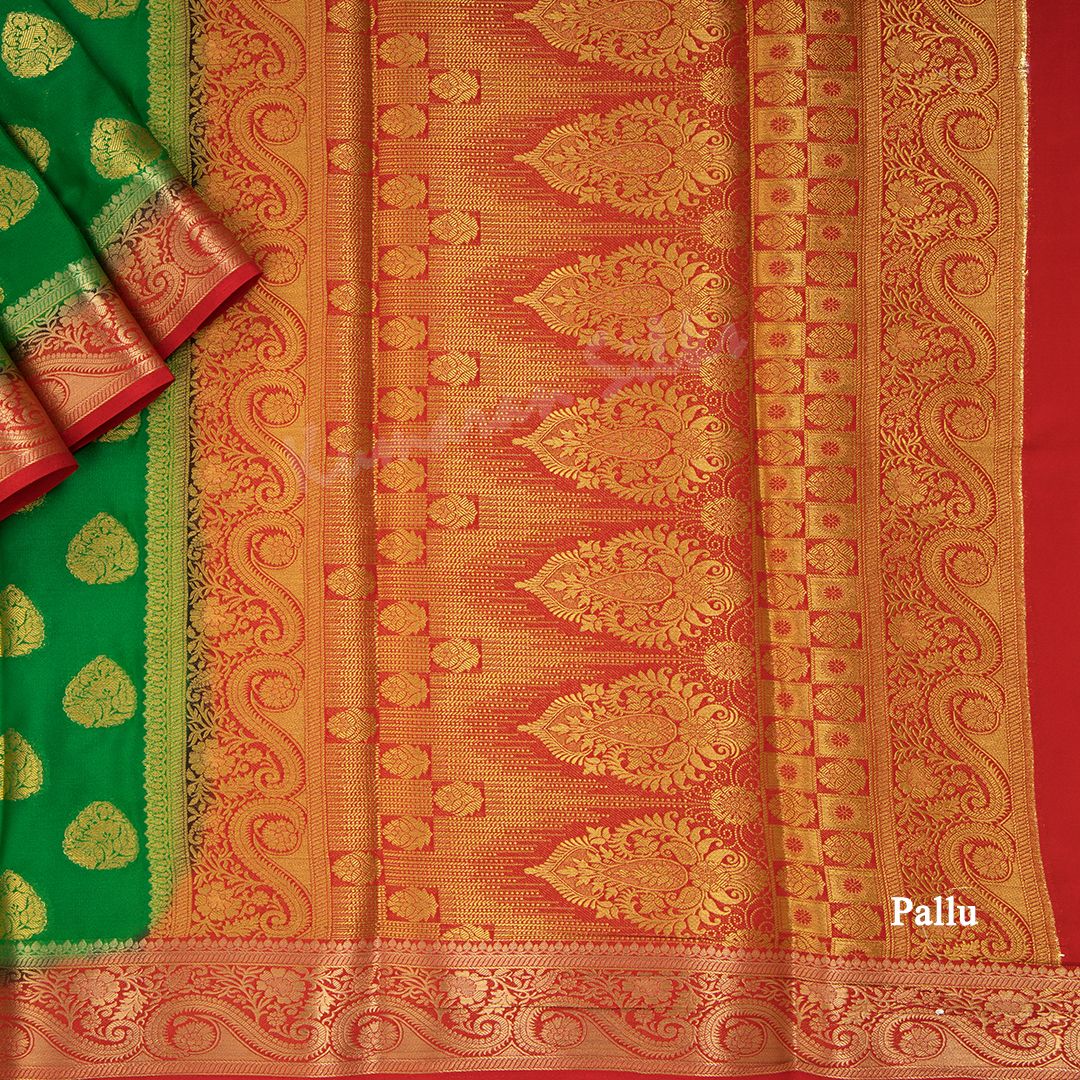 Semi Mysore Silk Parrot Green Zari Worked Saree