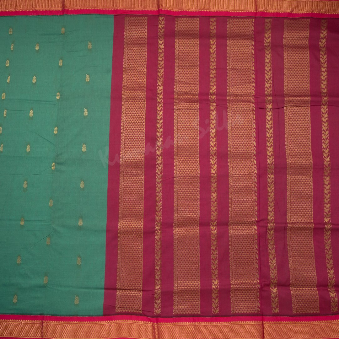 Kalyani Cotton Peacock Green Saree With Zari Buttas And Contrast Border