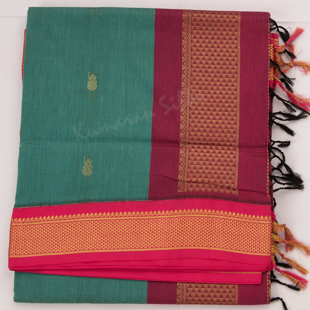 Kalyani Cotton Peacock Green Saree With Zari Buttas And Contrast Border