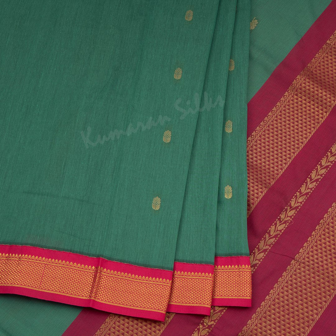 Kalyani Cotton Peacock Green Saree With Zari Buttas And Contrast Border