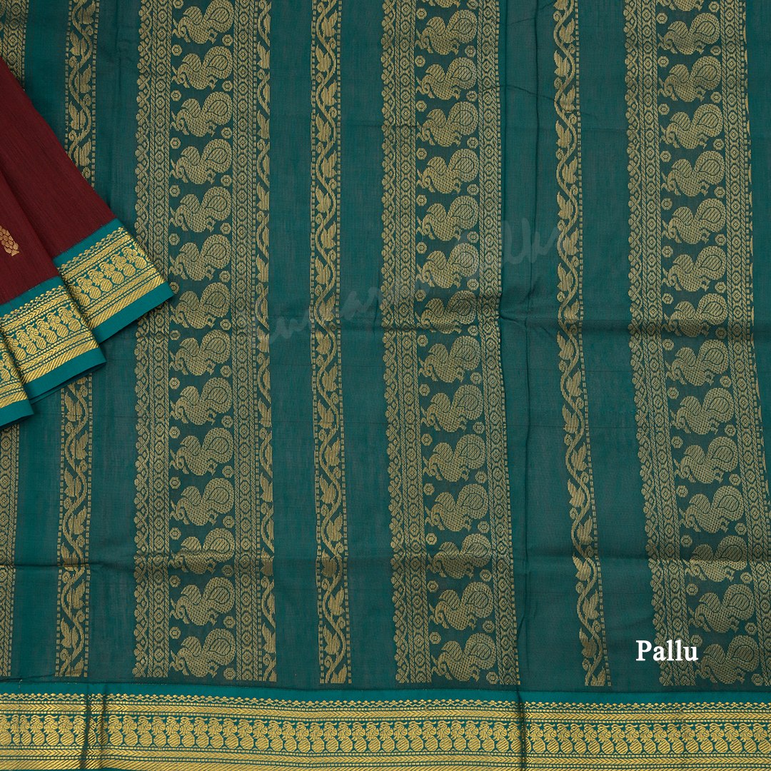 Kalyani Cotton Maroon Saree With Zari Buttas And Contrast Border