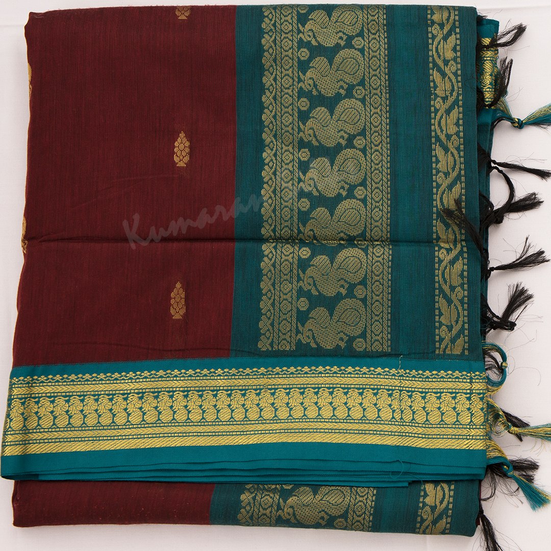 Kalyani Cotton Maroon Saree With Zari Buttas And Contrast Border