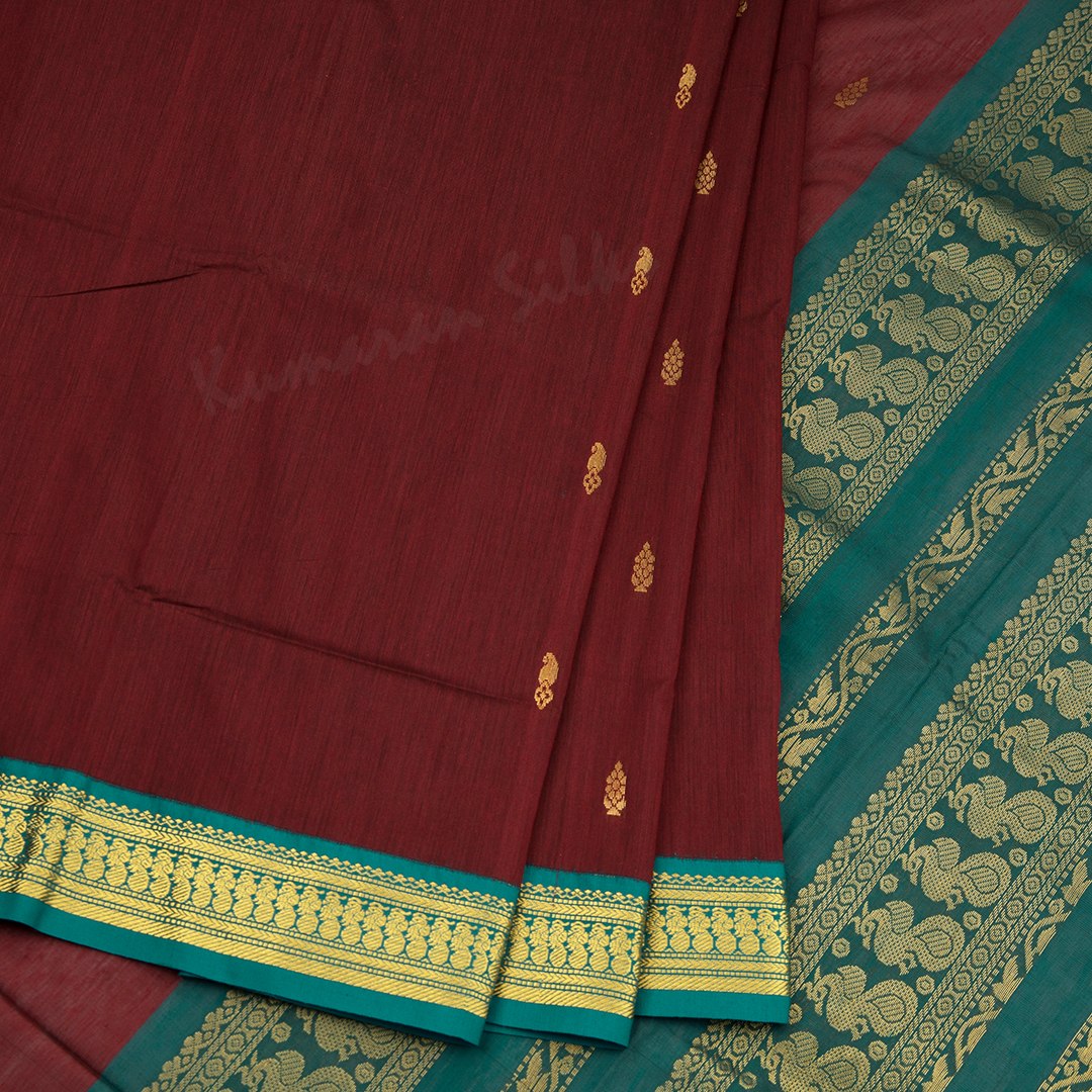 Kalyani Cotton Maroon Saree With Zari Buttas And Contrast Border