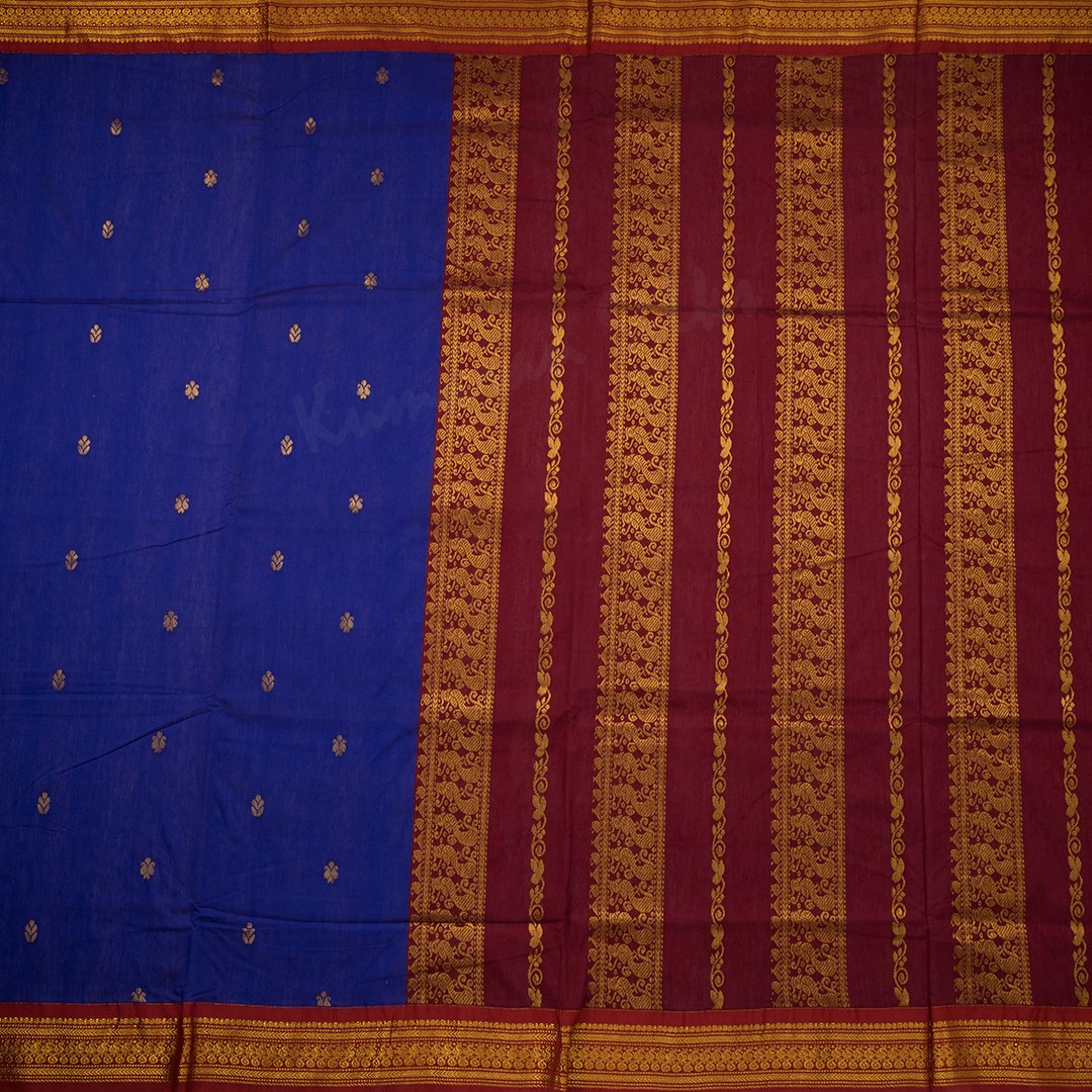 Kalyani Cotton Indigo Blue Saree With Zari Buttas And Contrast Border