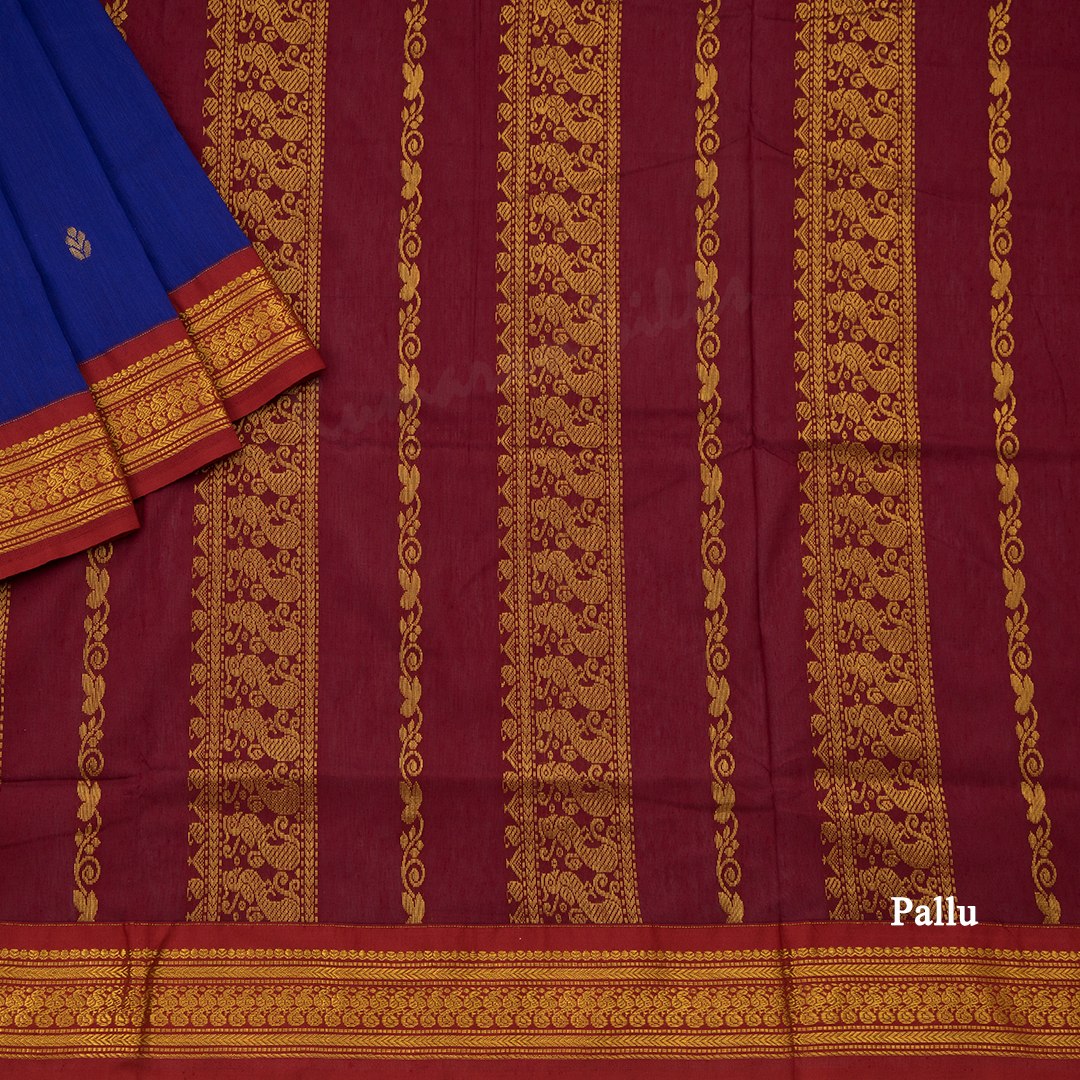 Kalyani Cotton Indigo Blue Saree With Zari Buttas And Contrast Border