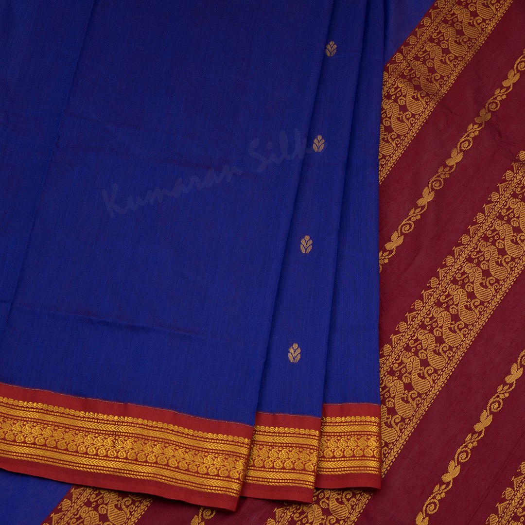 Kalyani Cotton Indigo Blue Saree With Zari Buttas And Contrast Border