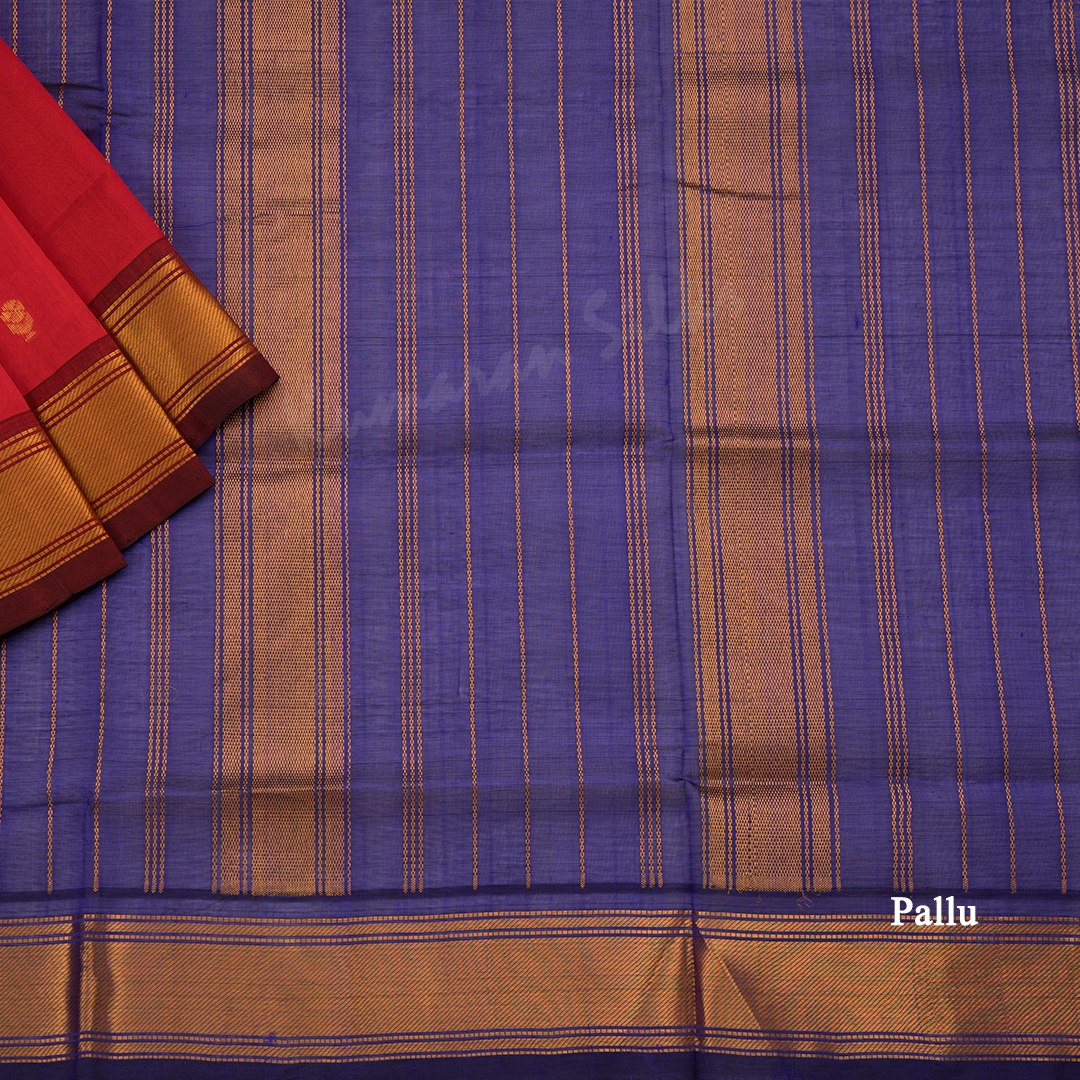 Amirthavarshni Silk Cotton Ferrari Red Saree With Zari Buttas