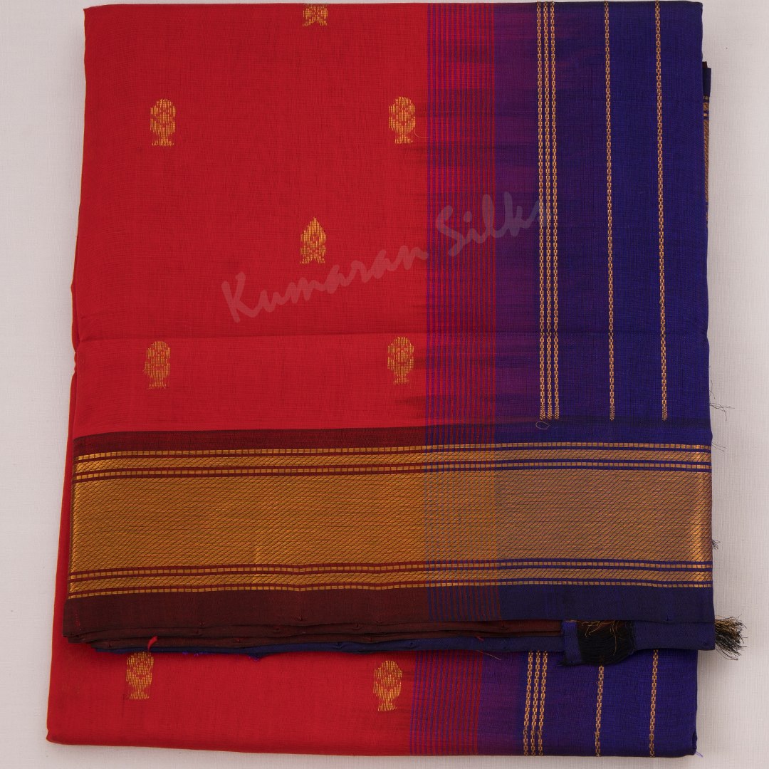 Amirthavarshni Silk Cotton Ferrari Red Saree With Zari Buttas