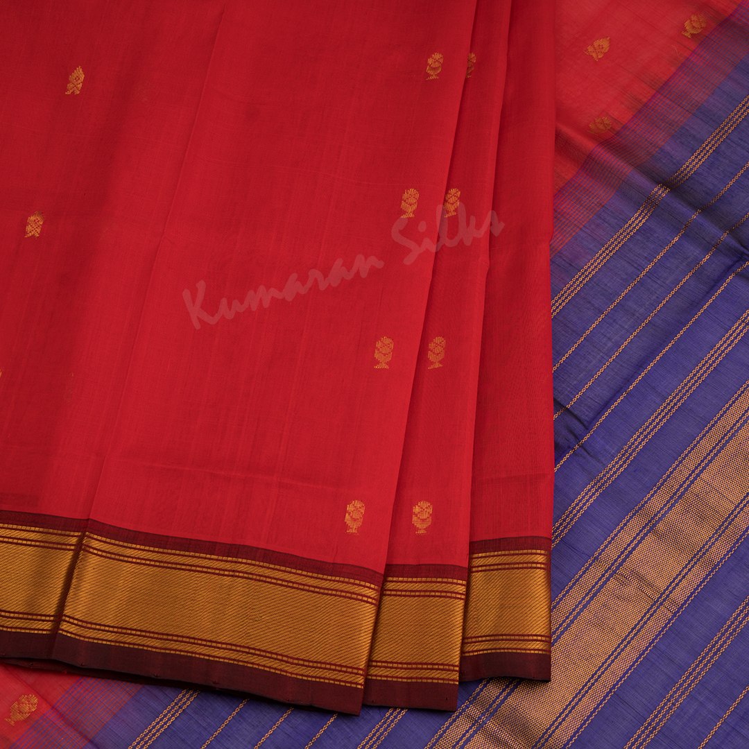 Amirthavarshni Silk Cotton Ferrari Red Saree With Zari Buttas