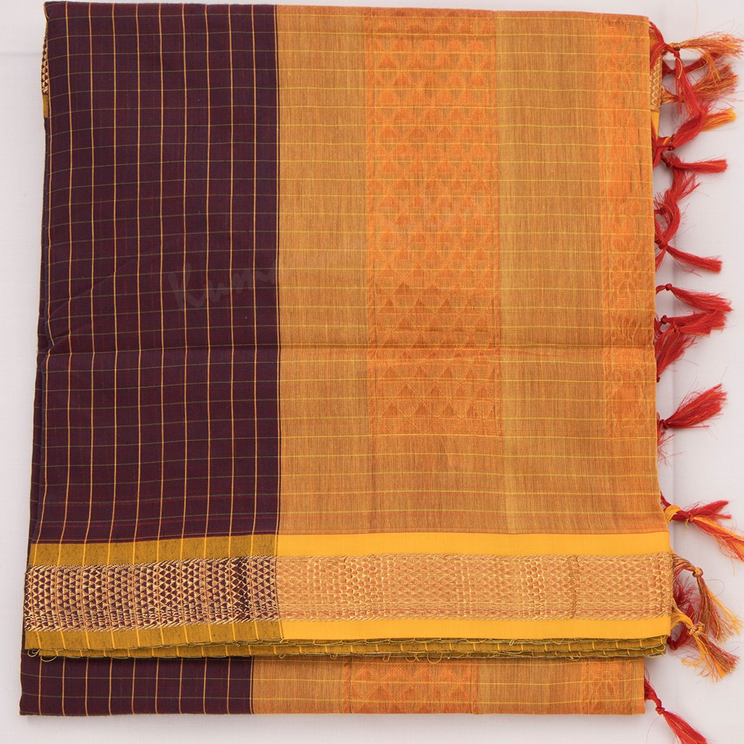 Poly Cotton Maroon Checked Saree