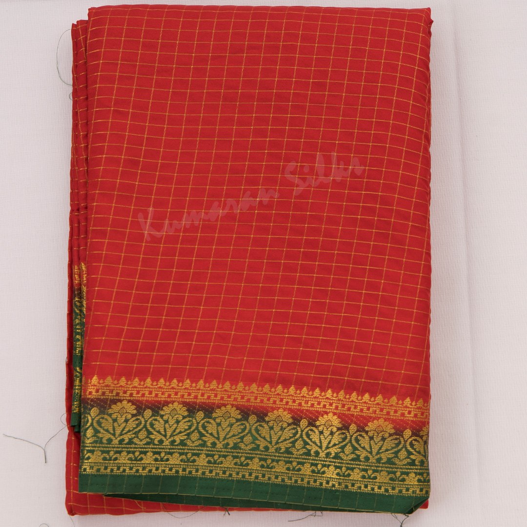 Semi Mysore Silk Red Checked Saree