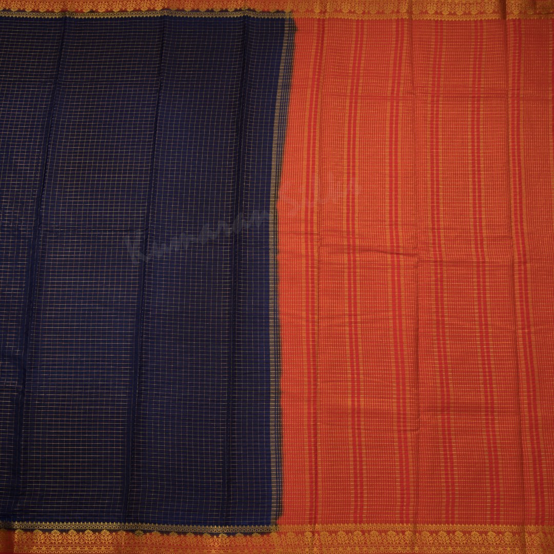 Semi Mysore Silk Dark Blue Checked Saree