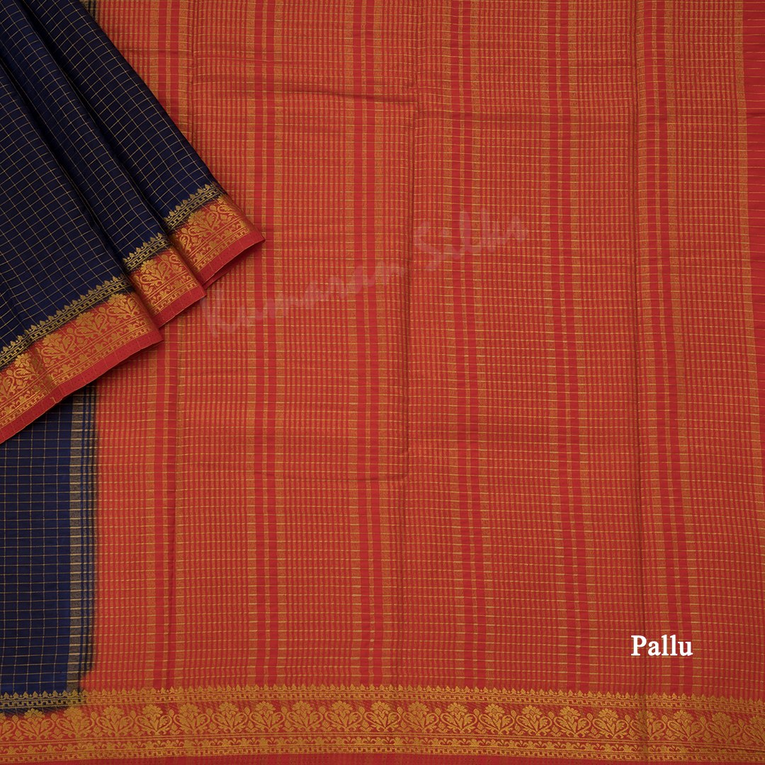 Semi Mysore Silk Dark Blue Checked Saree