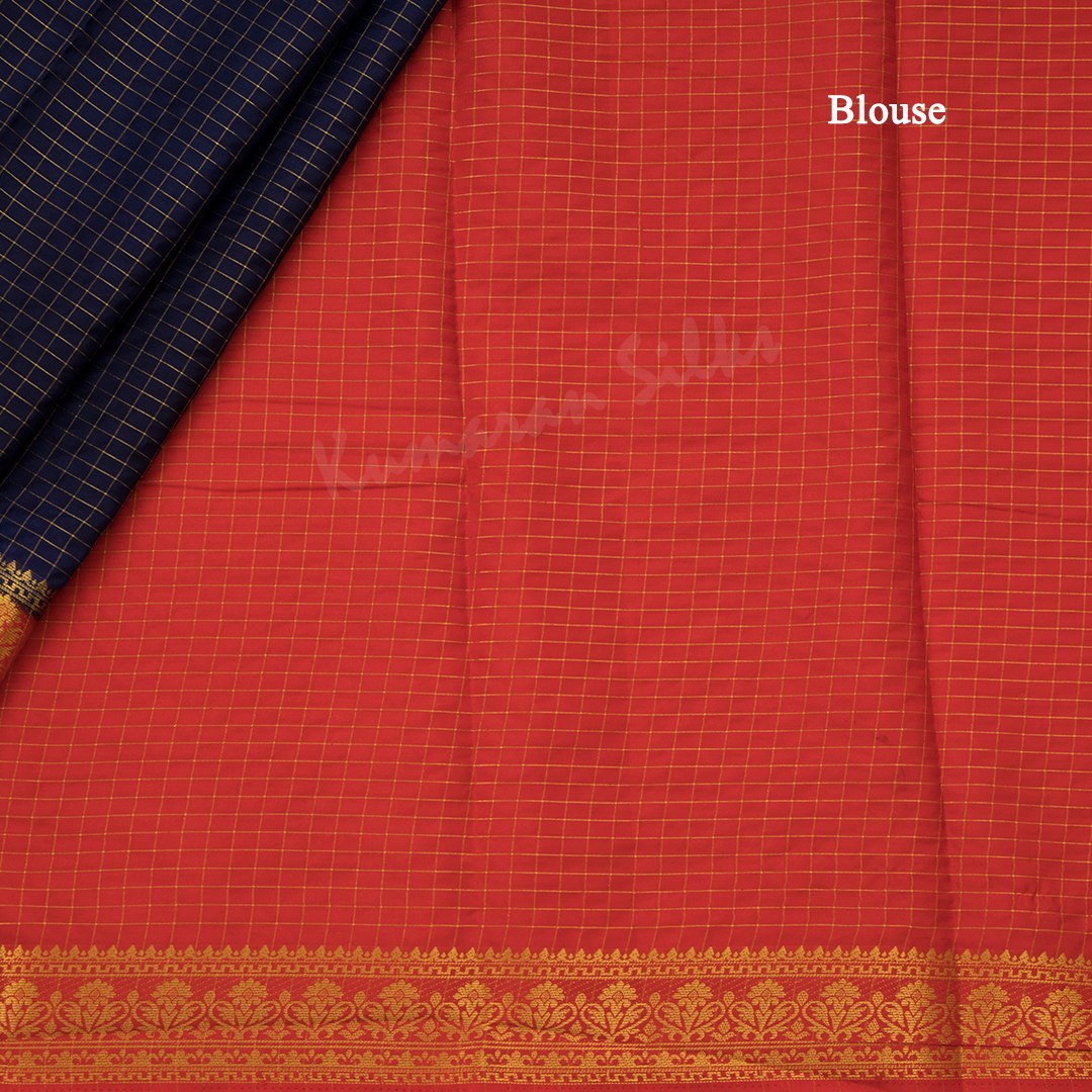 Semi Mysore Silk Dark Blue Checked Saree