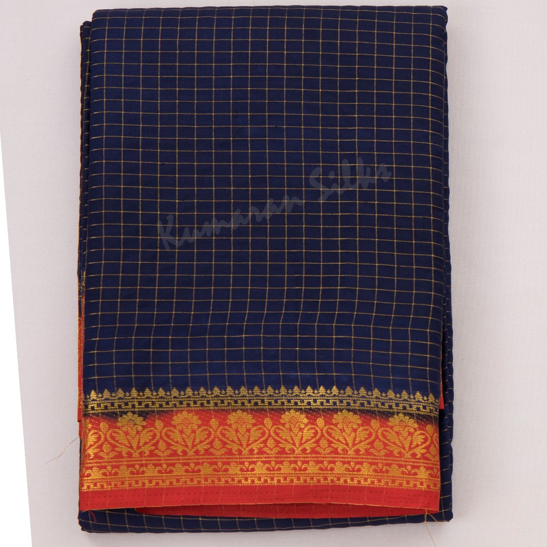 Semi Mysore Silk Dark Blue Checked Saree