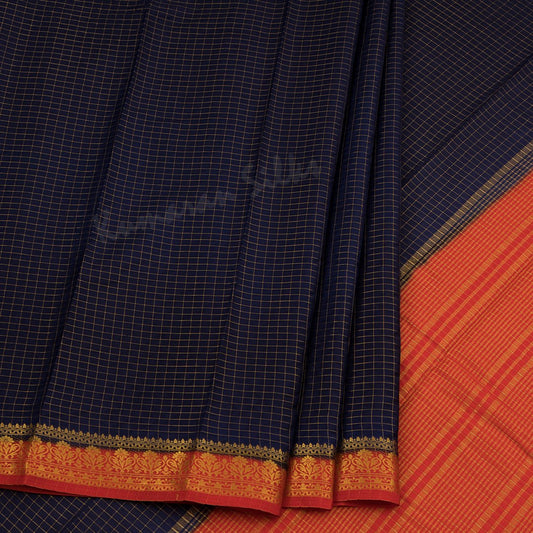 Semi Mysore Silk Dark Blue Checked Saree