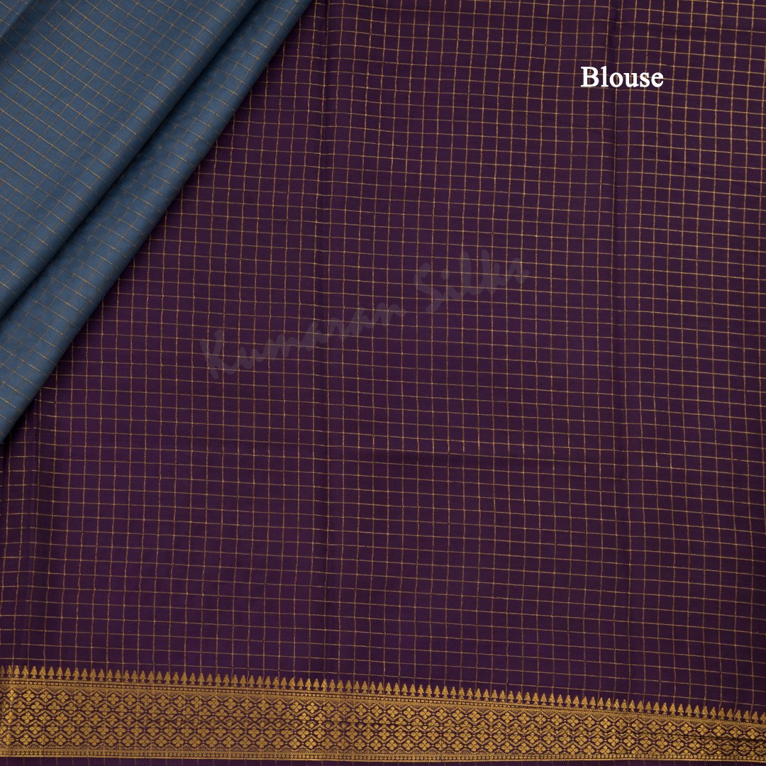 Semi Mysore Silk Greyish Blue Checked Saree