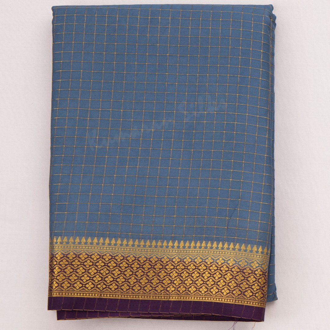 Semi Mysore Silk Greyish Blue Checked Saree