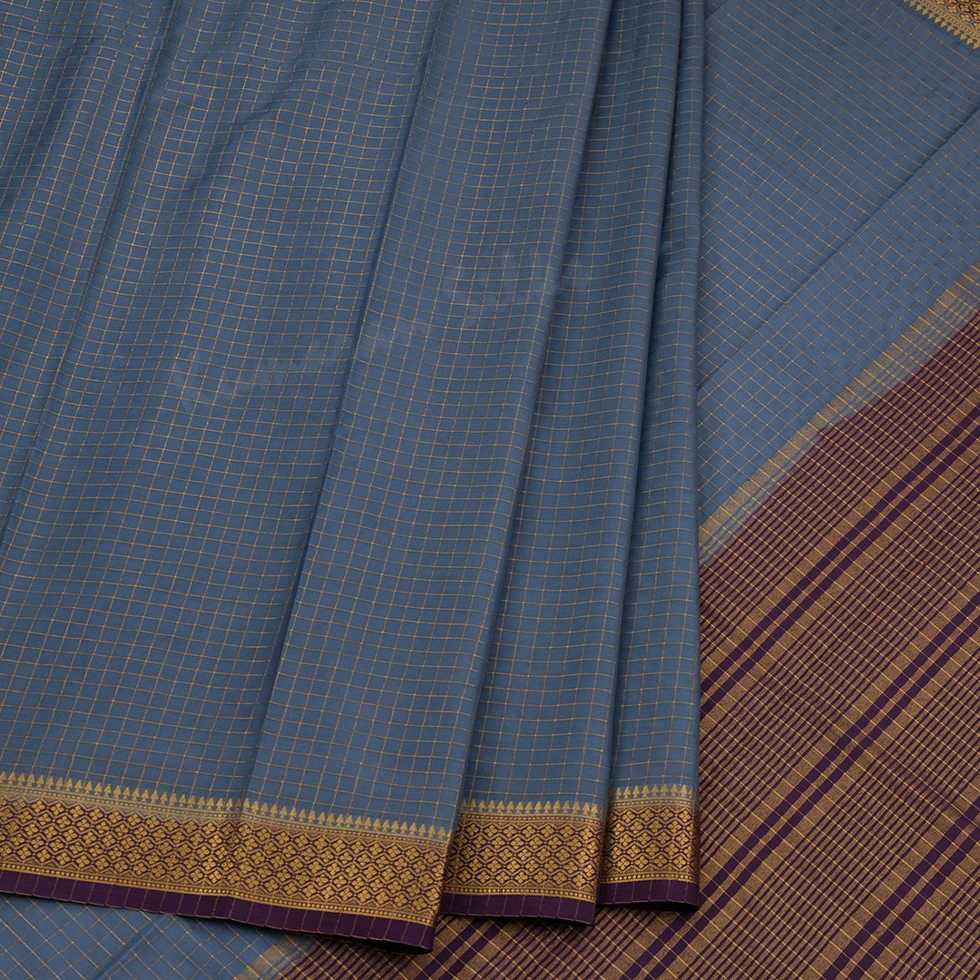 Semi Mysore Silk Greyish Blue Checked Saree