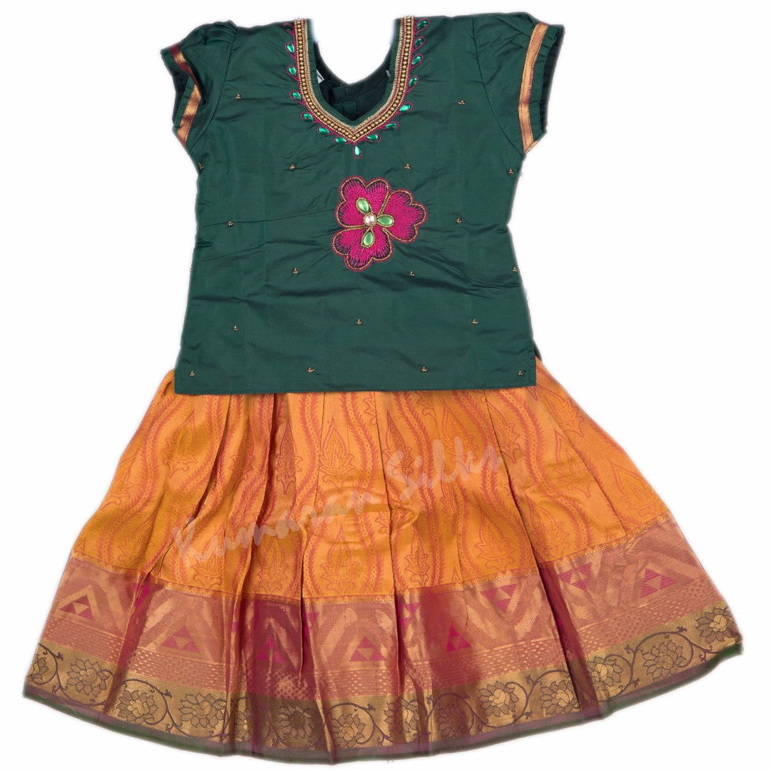 Pure Silk Dark Green 2 Years Baby Pavada Set - Kumaran Silks