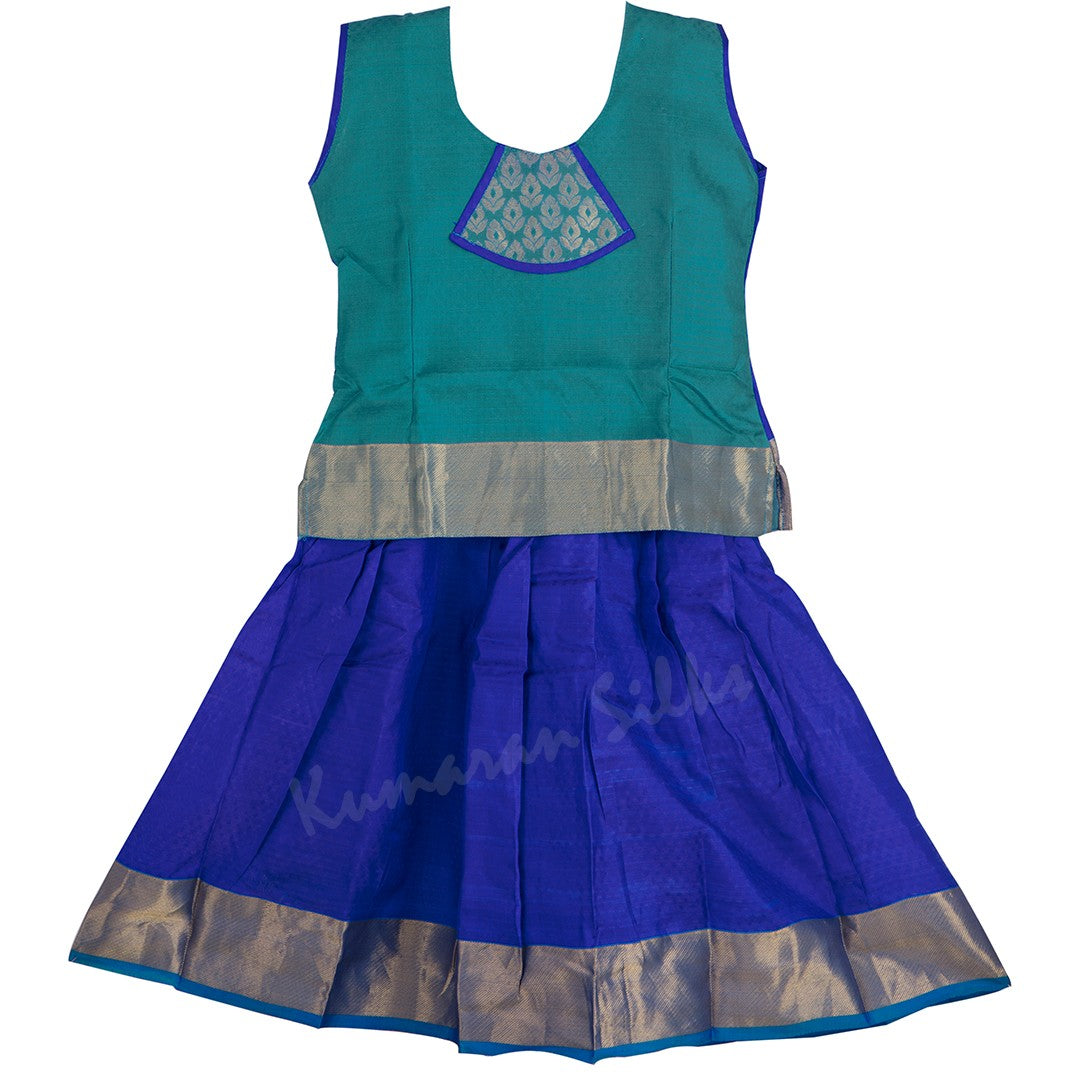 Pure Silk Peacock Blue 3 Years Baby Pavada Set 02 - Kumaran Silks