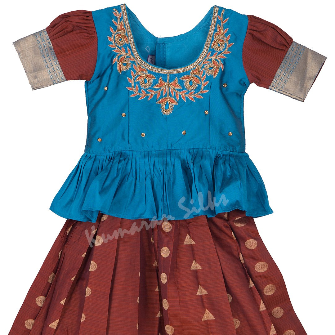 Pure Silk Peacock Blue 7 Years Baby Pavada Set 03 - Kumaran Silks