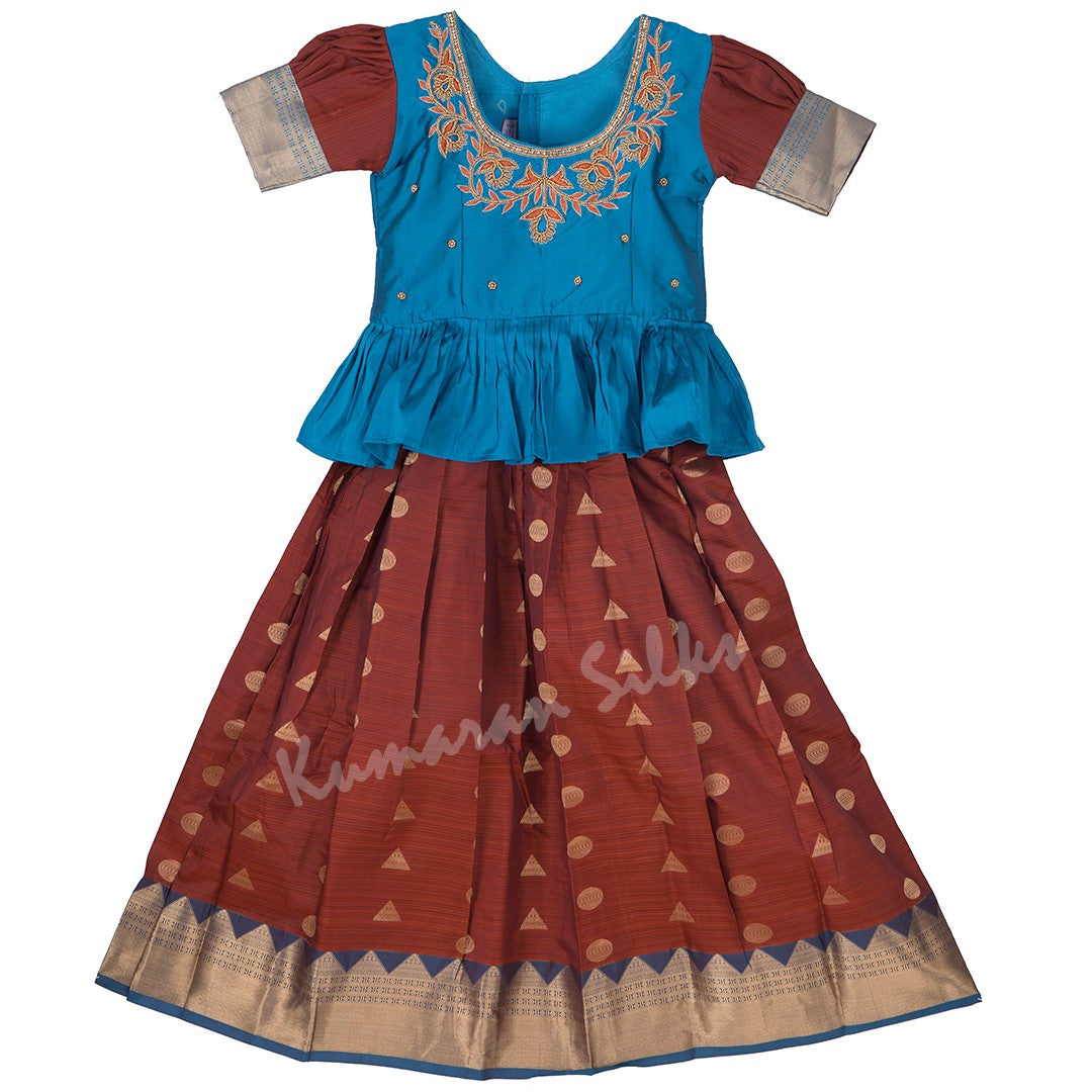 Pure Silk Peacock Blue 7 Years Baby Pavada Set 03 - Kumaran Silks