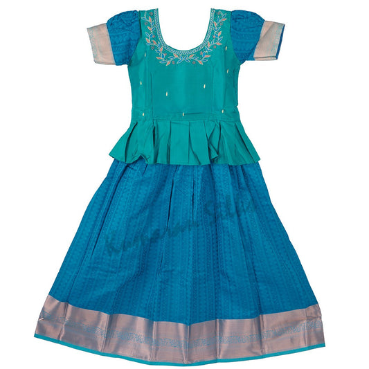 Pure Silk Peacock Blue 8 Years Baby Pavada Set 03 - Kumaran Silks