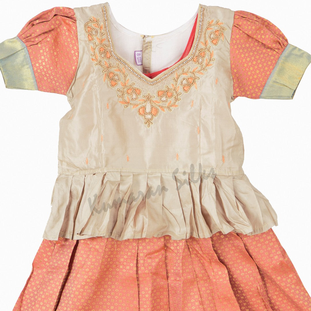 Pure Silk Light Brown 8 Years Baby Pavada Set - Kumaran Silks