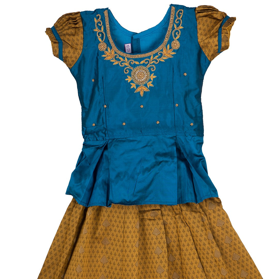 Pure Silk Peacock Blue 10 Years Baby Pavada Set 02 - Kumaran Silks