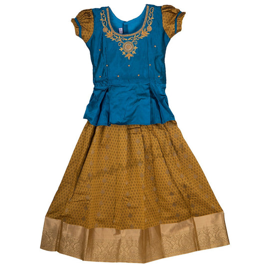 Pure Silk Peacock Blue 10 Years Baby Pavada Set 02 - Kumaran Silks