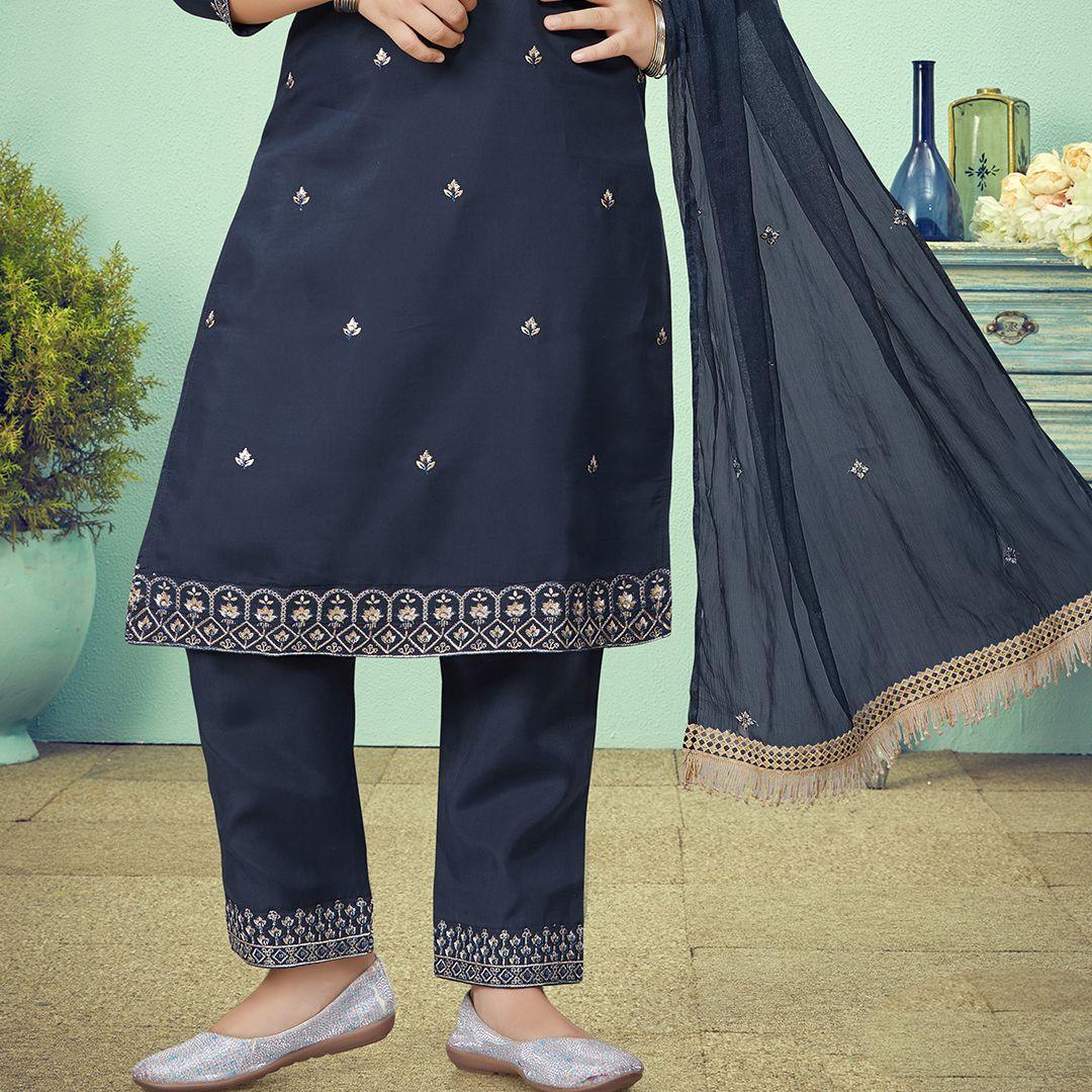 Silk Cotton Navy Blue Salwar Suit 02 - Kumaran Silks