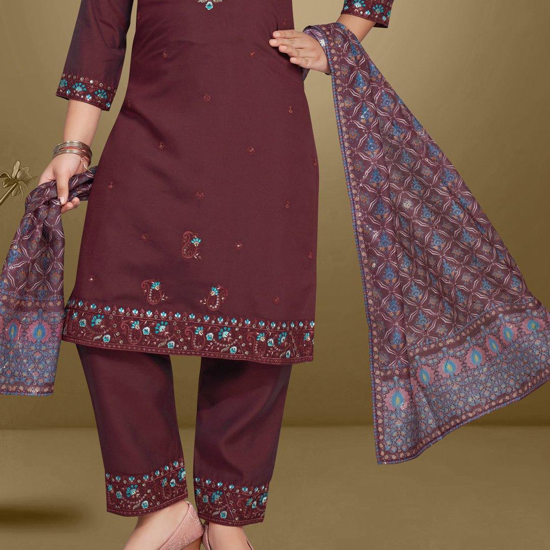 Silk Cotton Maroon Salwar Suit - Kumaran Silks