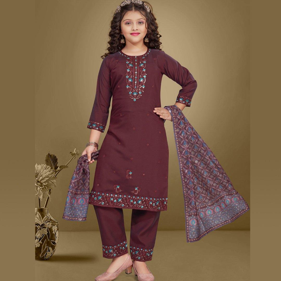 Silk Cotton Maroon Salwar Suit - Kumaran Silks