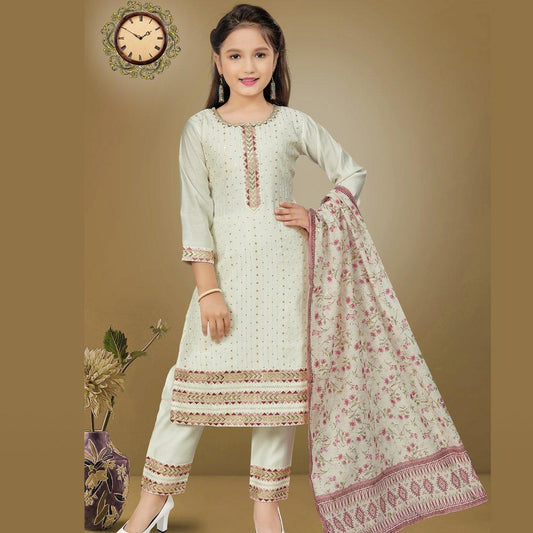 Silk Cotton Cream Salwar Suit 04 - Kumaran Silks