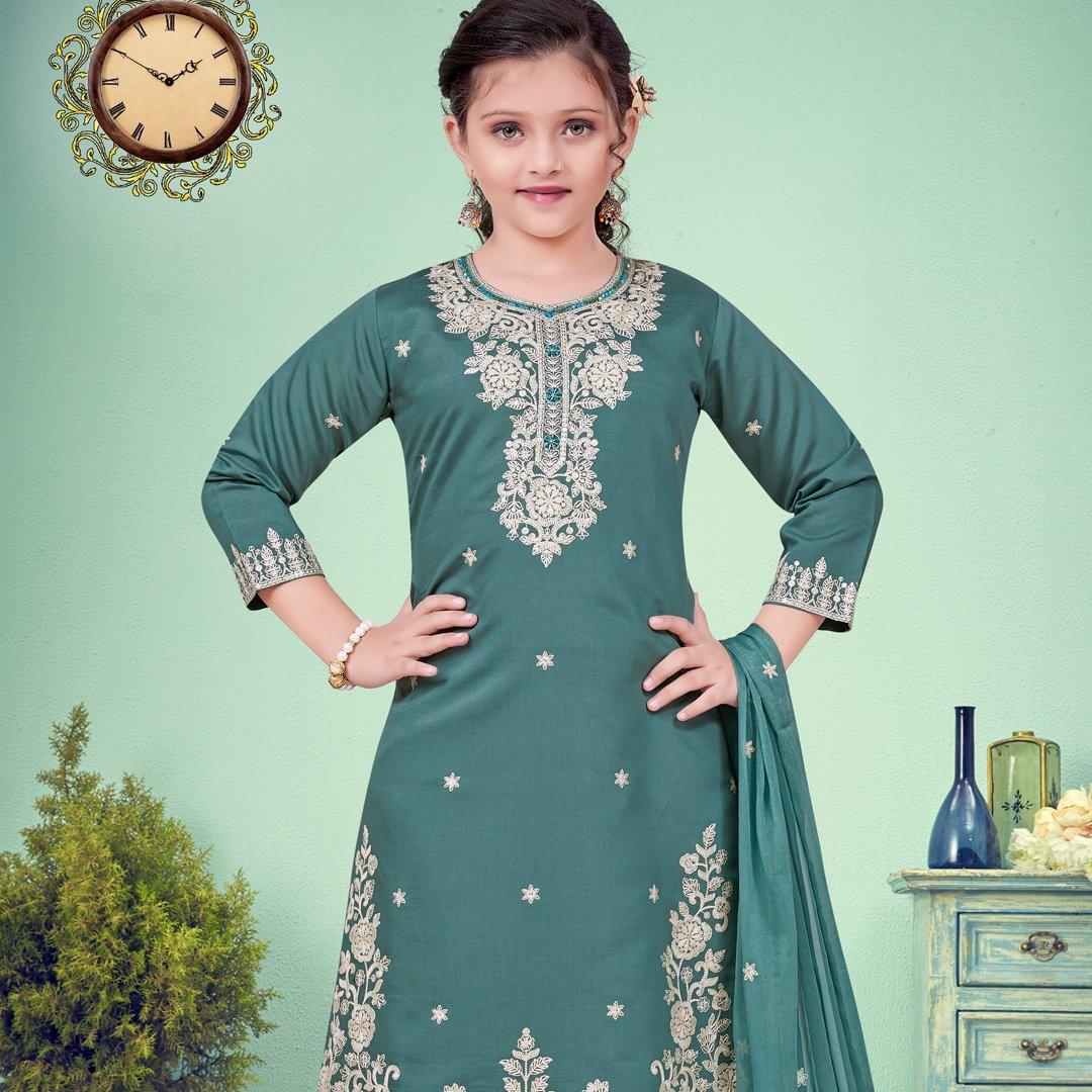 Silk Cotton Teal Blue Salwar Suit - Kumaran Silks