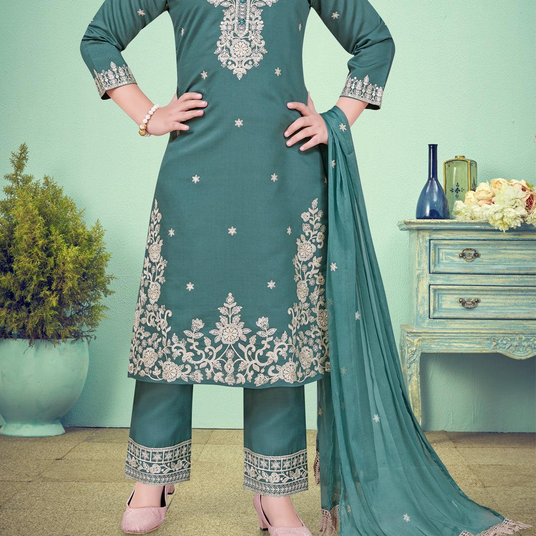 Silk Cotton Teal Blue Salwar Suit - Kumaran Silks